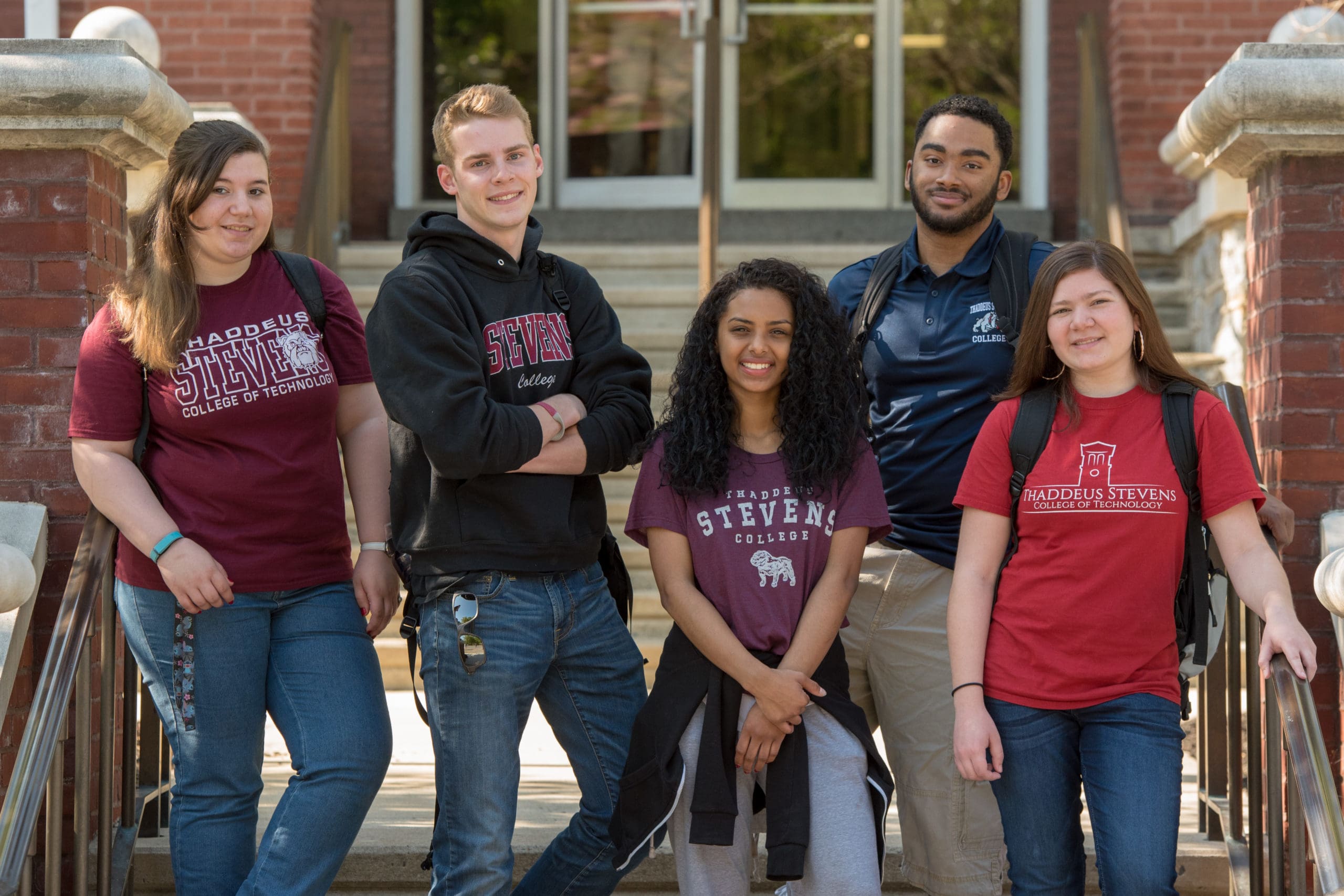 Students gathered on the front steps of Mellor building at Thaddeus Stevens College of Technology. 