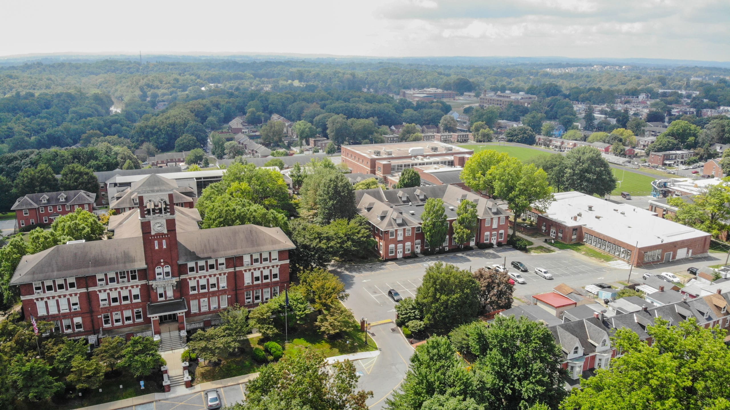 Thaddeus Stevens College campus featuring Mellor building as the focal point from the air.