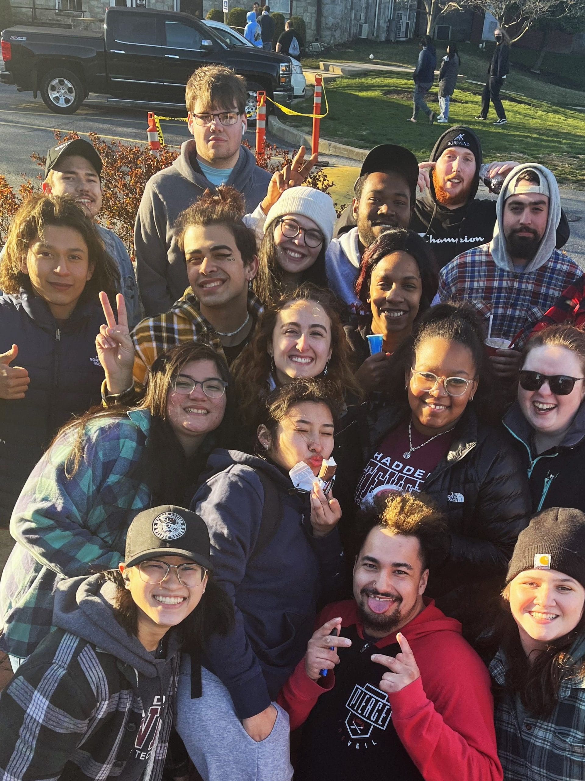 A group of Thaddeus Stevens College students having fun outside the Schwalm Center